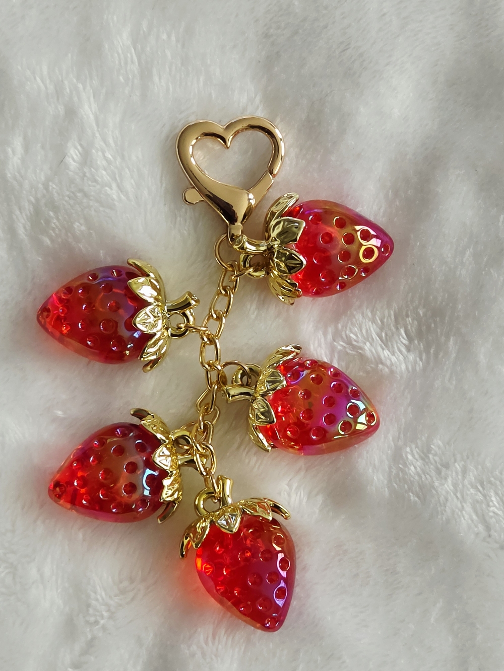 Gold Heart Strawberry Charm Keychain - Red Iridescent Strawberries Bag Charm